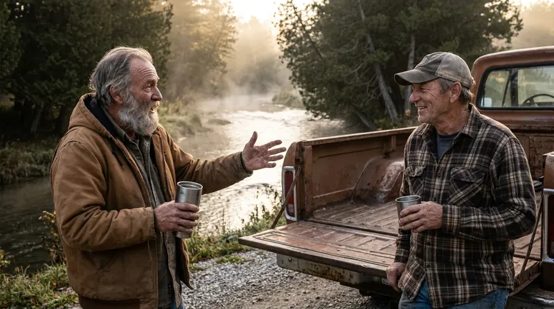 Two men in their late sixties talking over thermos coffee at the tailgate of a pickup beside a cedar-lined creek at dawn