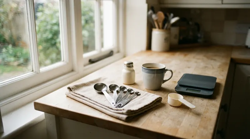 Measuring spoons, a small scoop, a kitchen scale and a salt shaker on a kitchen counter in morning light