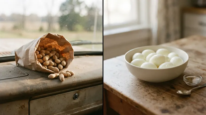 A split image with a paper bag of roasted peanuts on a truck dashboard on the left and a bowl of peeled boiled eggs on the right
