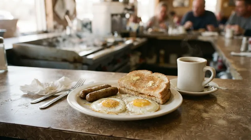 A diner breakfast of fried eggs, sausage links and toast on a counter, with the griddle out of focus behind it