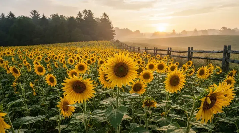 A field of tall sunflowers at early morning with an old rail fence and cedar trees in the background