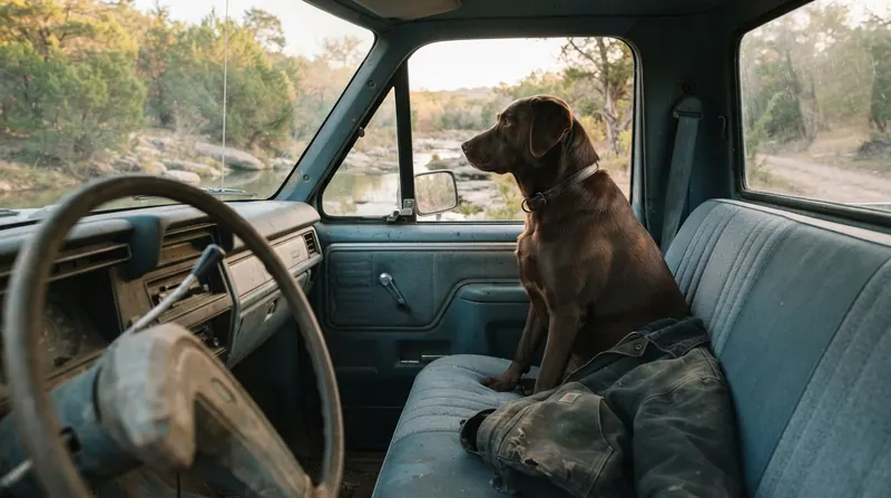 A brown dog sitting in the passenger seat of a pickup truck, looking out the open window toward a creek