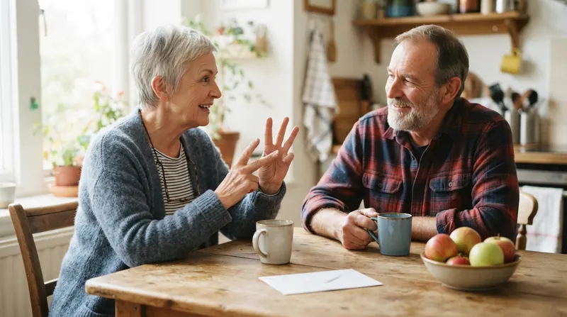A married couple in their late sixties talking over coffee at a kitchen table, the woman counting a point on her fingers