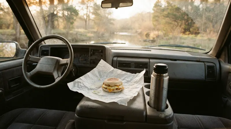 An egg sandwich half unwrapped on the dashboard of a parked pickup at dawn, a thermos in the cup holder and a creek beyond the windshield