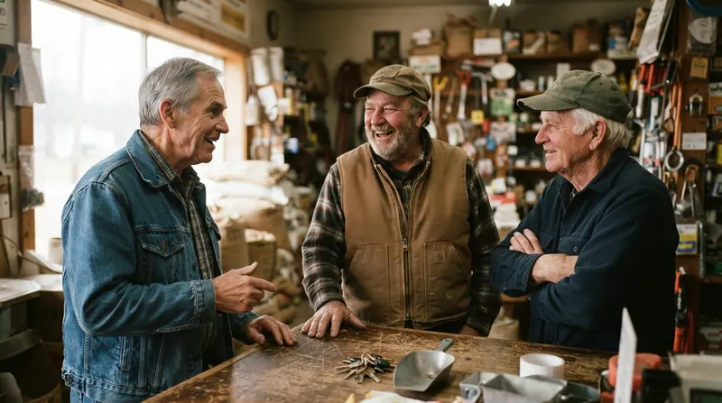 Three older men talking and laughing at the wooden counter of a small rural feed store in the morning