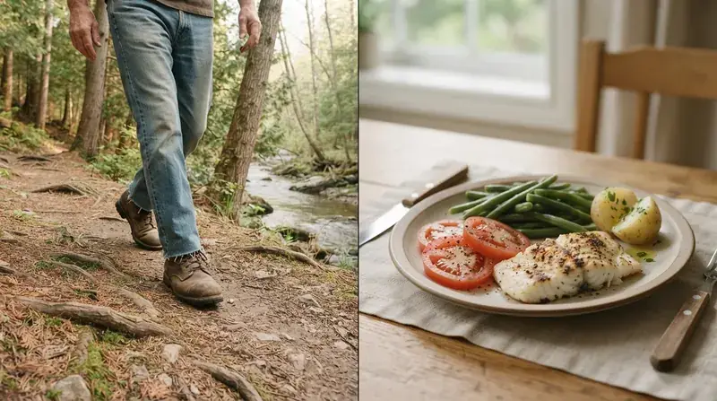 A split image with work boots on a creek trail on the left and a plate of grilled fish, green beans and tomatoes on the right