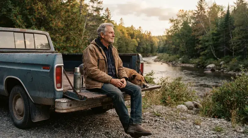 An older man sitting on a pickup tailgate beside a creek in the evening, a brown dog resting its head on his knee