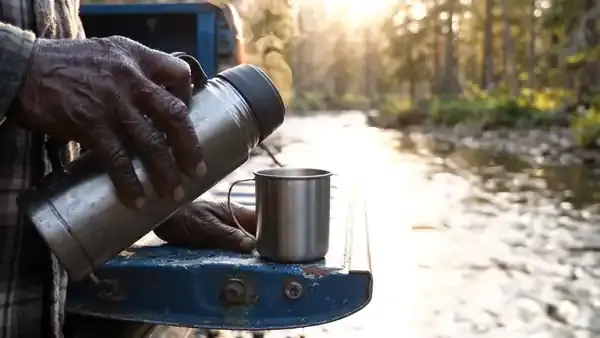 Weathered hands pouring coffee from a steel thermos into its cup on a pickup tailgate at dawn