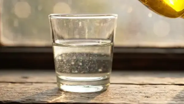 A drop of golden oil falling into a glass of water and floating on top in small beads