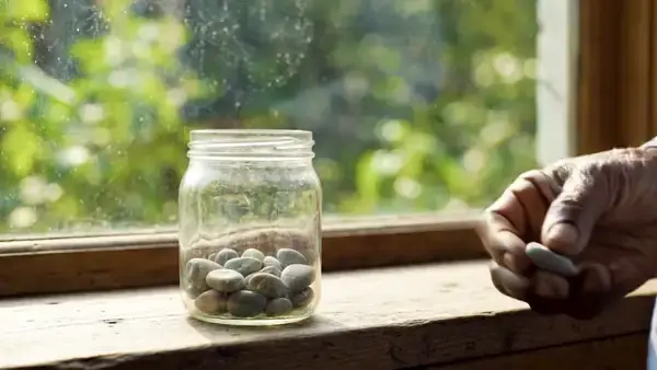 A weathered hand dropping a smooth creek pebble into a glass jar of pebbles on a kitchen windowsill