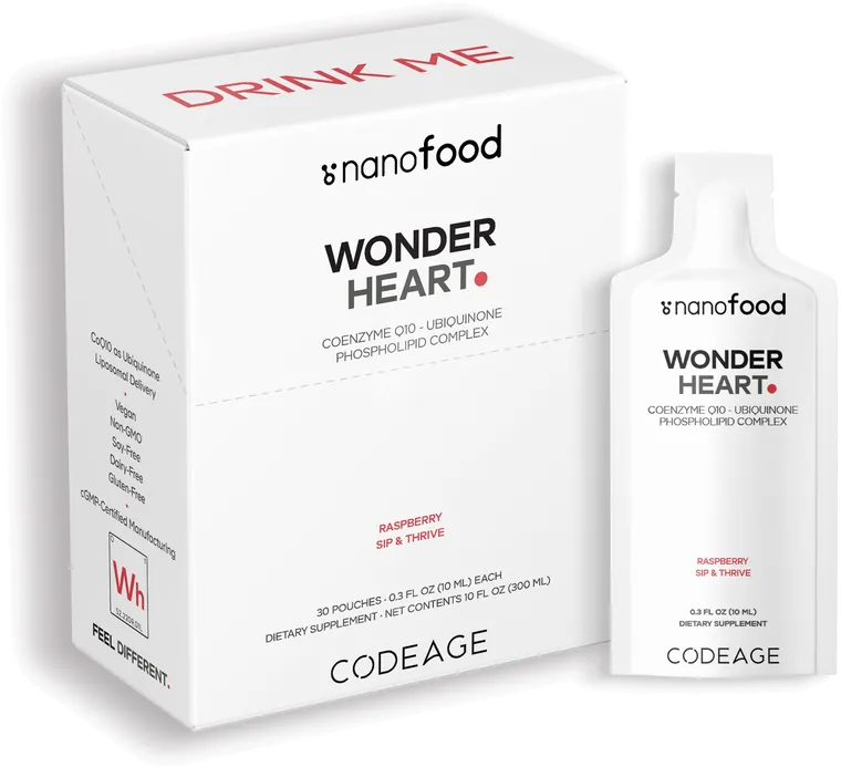 The white box of Codeage Nanofood Wonder Heart Liquid CoQ10 in raspberry, with one 10 mL pouch standing beside it, as photographed by the seller